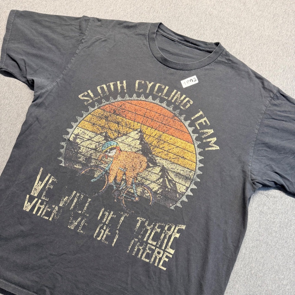 Sloth Cycling Team Graphic T-Shirt Mens XL Faded Black Funny Biking Tee